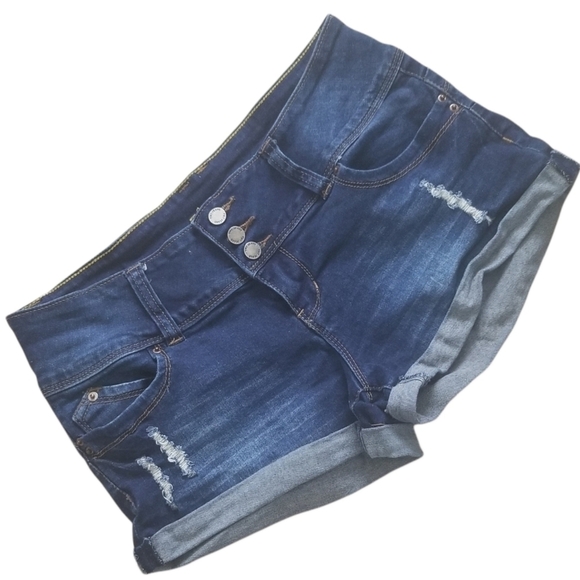 YMI Wannabettabutt? Size 9 Distressed Cuffed Dark Wash Mid Rise Jeans Shorts. - Picture 2 of 7